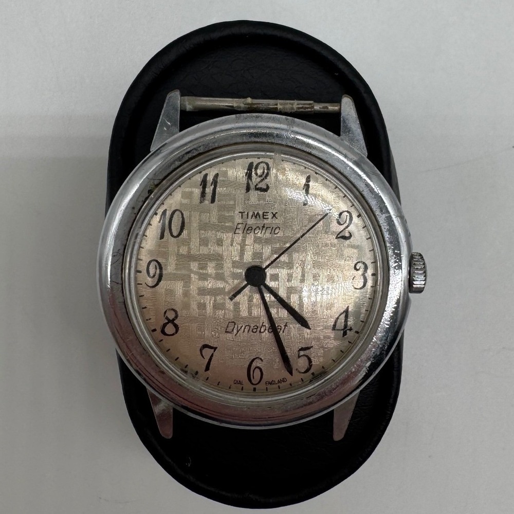 Vintage Timex Electric Dynabeat Watch Silver Tone Linen Dial Untested Repair